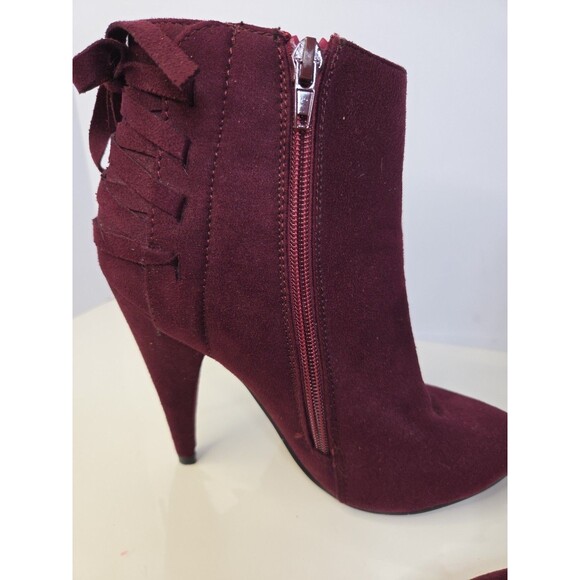 Izabella Rue Baker Maroon Suede Like Ankle Boots High Heel Zip Up S 7 Bow Detail - Picture 9 of 12
